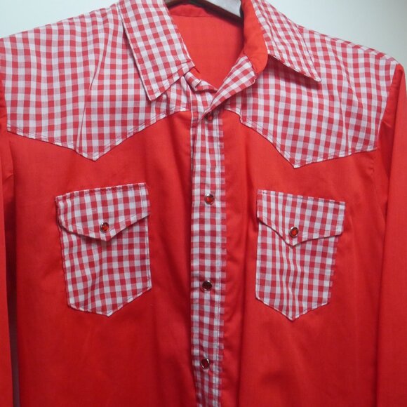 Vintage Red Western Shirt with Gingham Trim Pearl Snap Mens XL - Picture 11 of 16